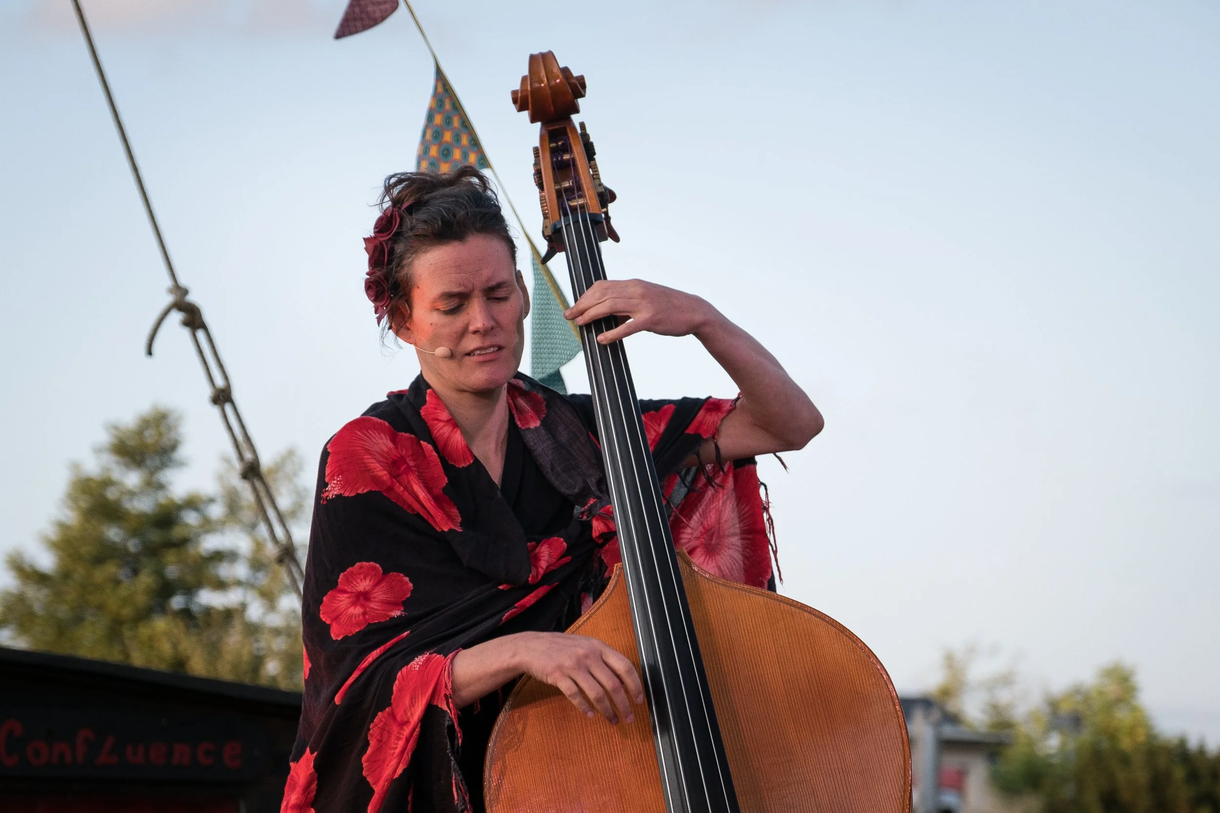 Une femme joue de la contrebasse lors d'une performance en plein air, portant une robe noire avec des fleurs rouges, avec un fond d'arbre et un ciel clair.
