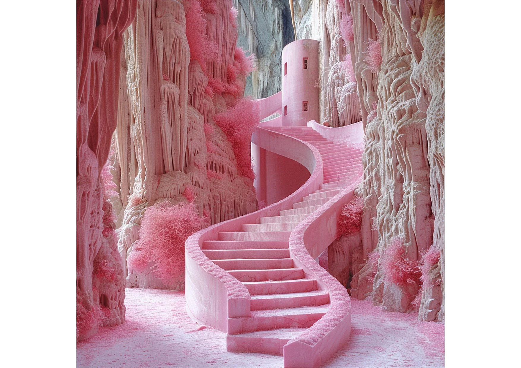 Escalier rose dans un environnement sculptural aux parois blanches et roses, avec des arbres en forme de touffes roses.
