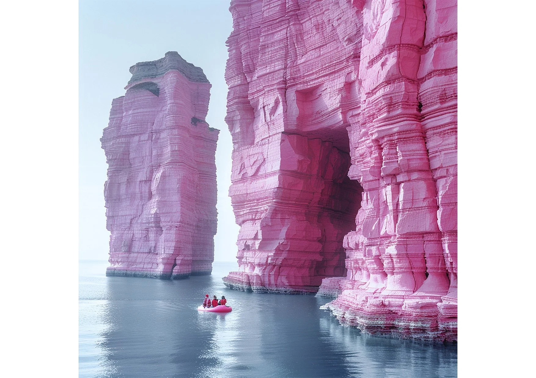 Groupe de personnes en zodiac devant d'imposantes falaises de roche rose sur l'eau.