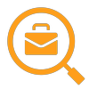 Magnifying glass focusing on a briefcase icon, representing job search or business inquiry.