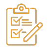 Outline of a clipboard with checkmarks and a pencil, symbolizing a checklist or survey.
