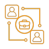 Outline illustration of a professional networking connection with two user profile icons and a briefcase icon, connected by lines.