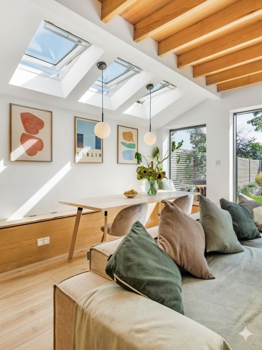 Open plan living and dining room in Friern Road house extension with exposed oak ceiling beams, Velux rooflights and garden view