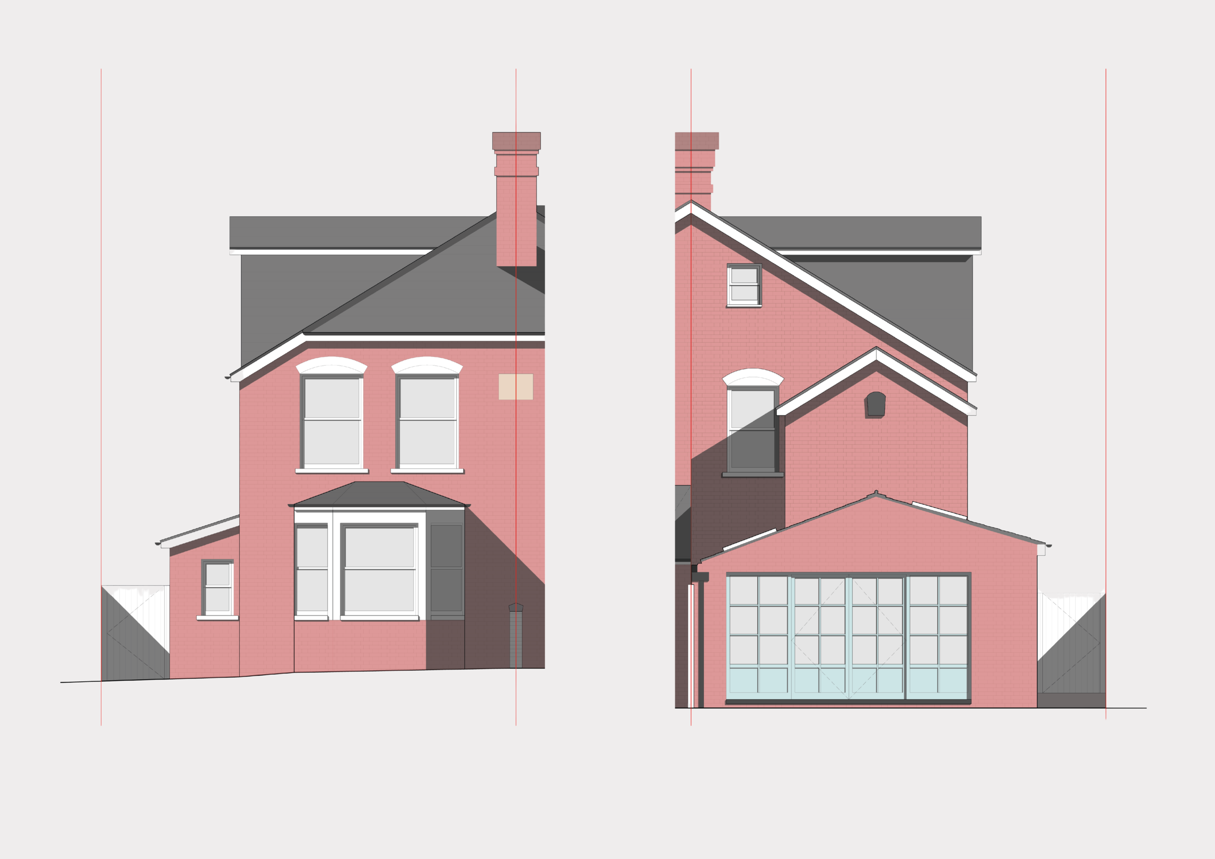 Halfpenny Lane proposed front and rear elevation to include whole-house remodel wraparound extension and loft