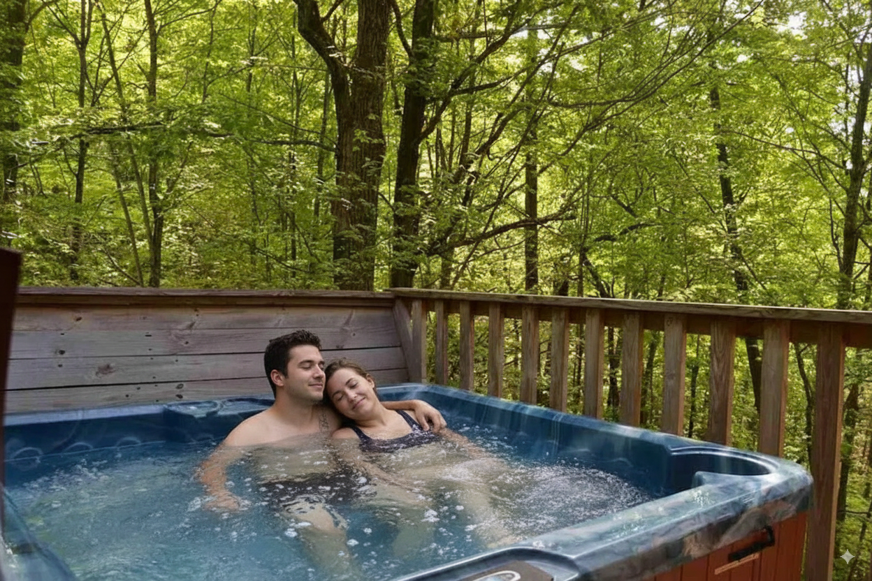 A young couple relaxes in a hot tub outdoors on a wooden deck, surrounded by trees with green leaves.