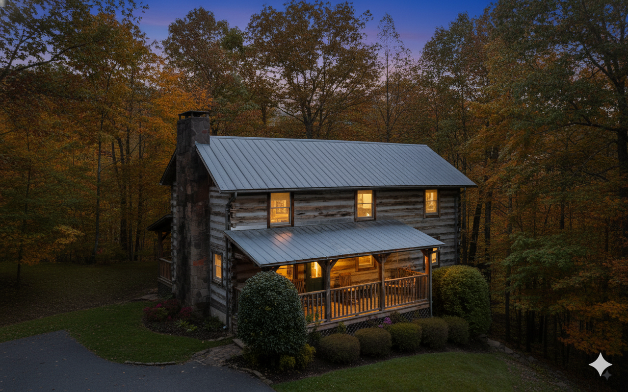 A rustic two-story house with a metal roof and porch, illuminated from inside, set in a wooded area at dusk.