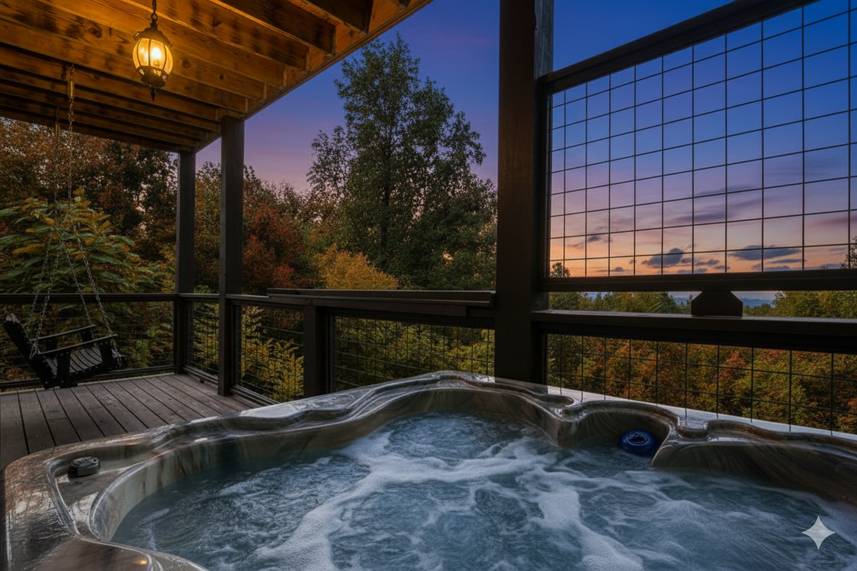 Starlit soaks and mountain dreams. ✨ After a day of exploring downtown Gatlinburg, there’s nothing better than the steamy jets of our 5-person hot tub. This is the definition of 'mountain therapy.