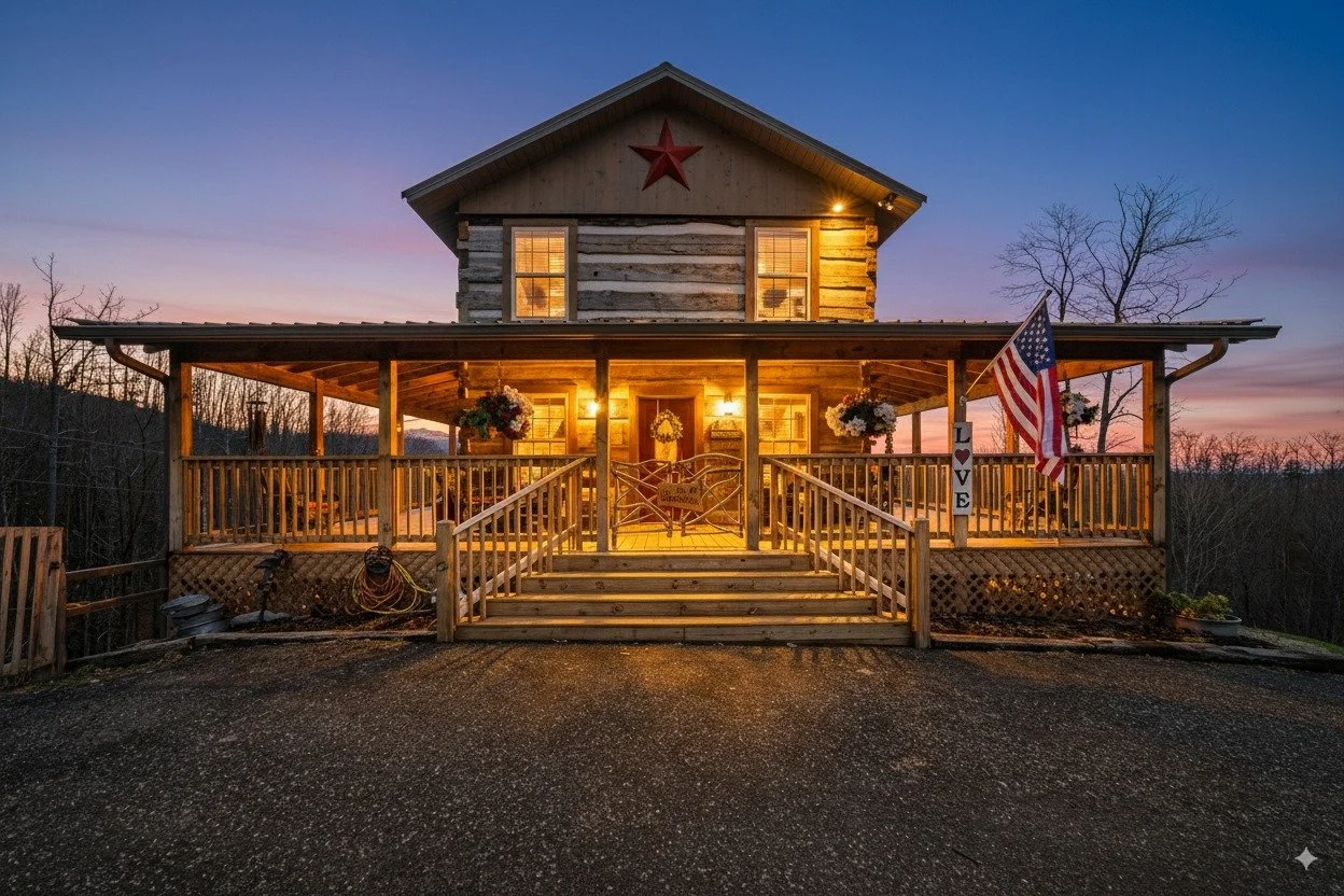 Lil Bit of Paradise antique log cabin in Gatlinburg with long-range Smoky Mountain views and secluded end-of-road setting.