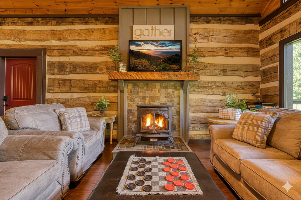 Great room at Anxy Bear Cabin featuring floor-to-ceiling windows, mountain views, and open-concept living space.