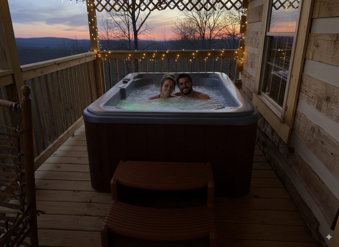 Private hot tub on the lower porch at Melton’s View Cabin overlooking the Smoky Mountains.