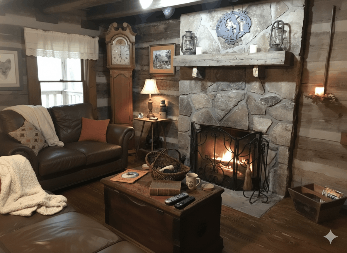 Cozy rustic living room with wood-paneled walls, a stone fireplace with a fire burning, a red patterned armchair with a red pillow, a yellow leather sofa with decorative pillows, a wooden coffee table with candles, and large windows with gold curtains, creating a warm inviting atmosphere.