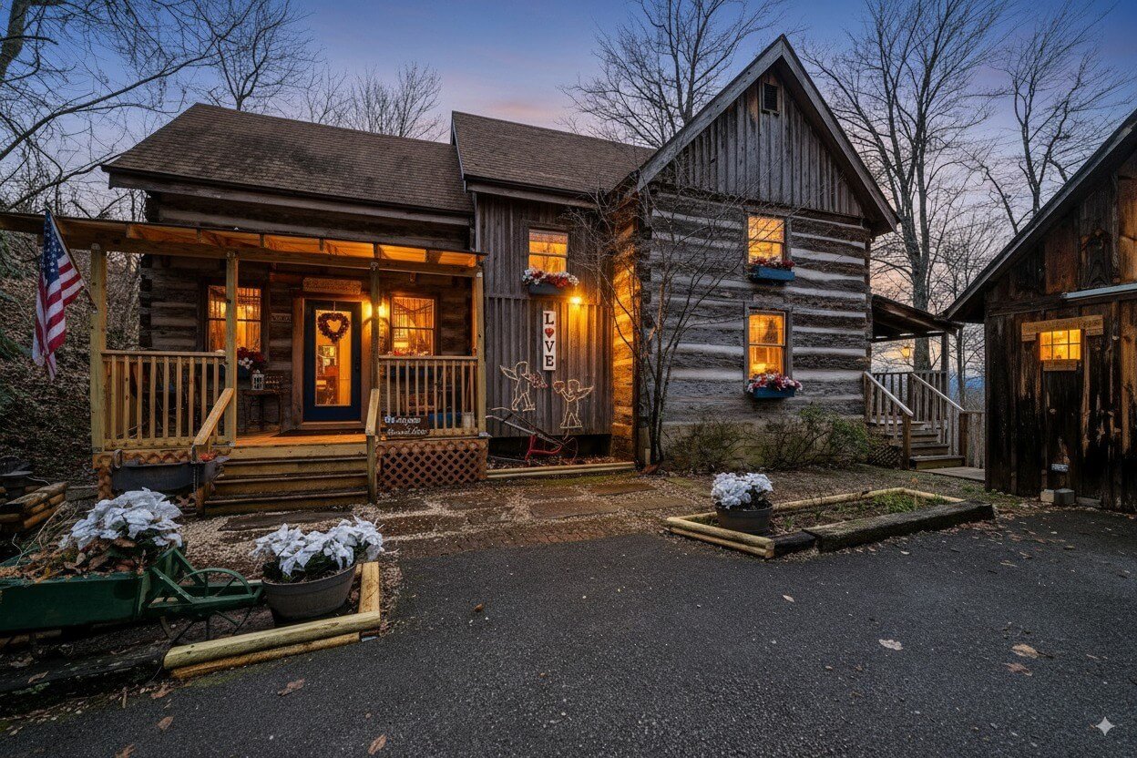 Dogwood Lodge authentic log cabin exterior in Gatlinburg Tennessee with mountain views - Timberidge Cabins
