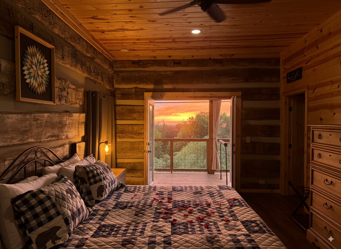 Bedroom at Lover’s Escape cabin in Gatlinburg featuring a king bed, antique log walls, and long-range mountain views.