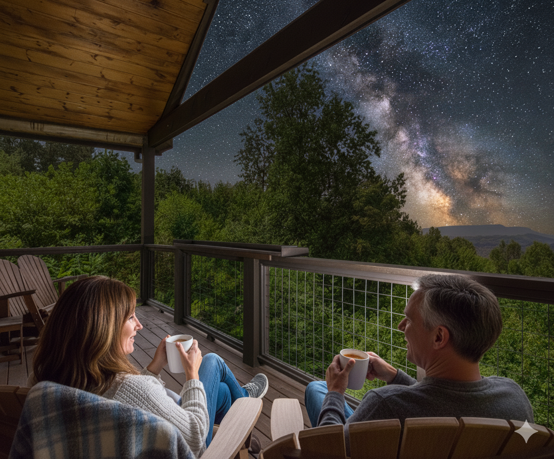 A couple is sitting on a wooden deck, each holding a coffee mug, enjoying a view of the starry night sky and the Milky Way galaxy.