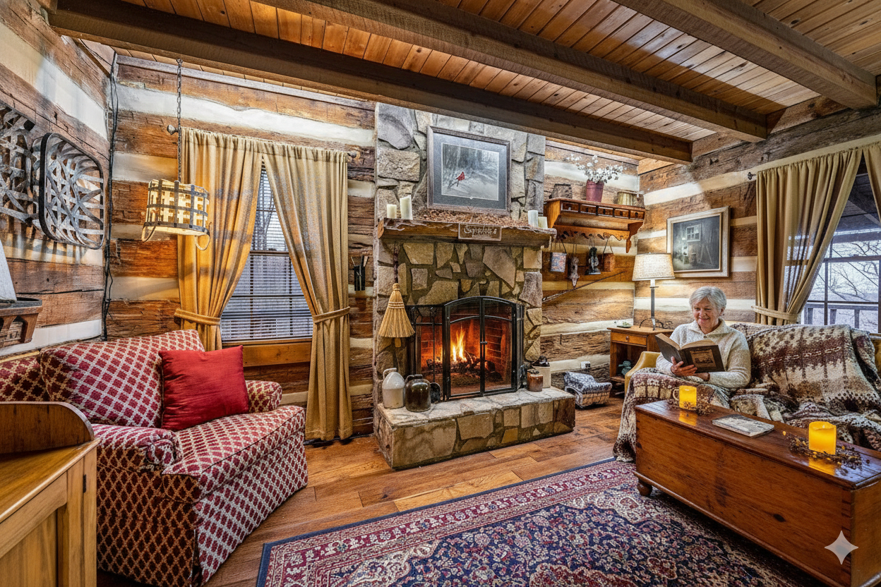  Cozy living area of Lil bit of paradise cabin featuring a gas fireplace and authentic antique log interior.