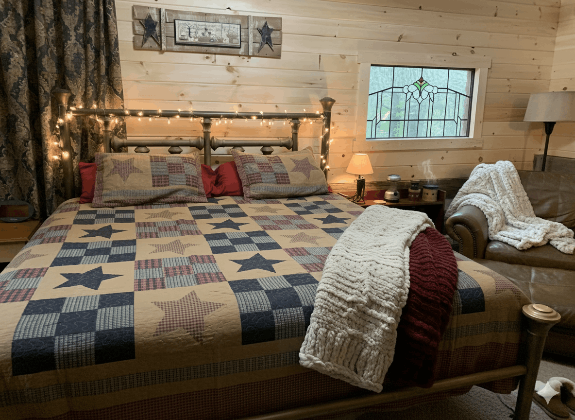 A rustic bedroom with wood walls, a wooden bed with bear-themed bedding, two bedside tables with lamps, and a ceiling fan.