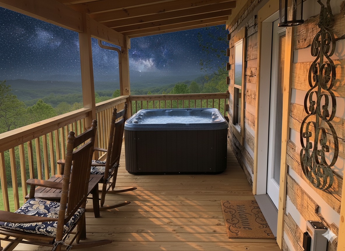 Deck at Honeymoon Hideaway cabin with rocking chairs overlooking sweeping Smoky Mountain views in Gatlinburg.