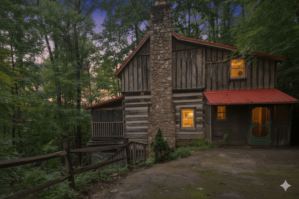Robins Nest authentic log cabin exterior in Gatlinburg Tennessee with mountain views - Timberidge Cabins