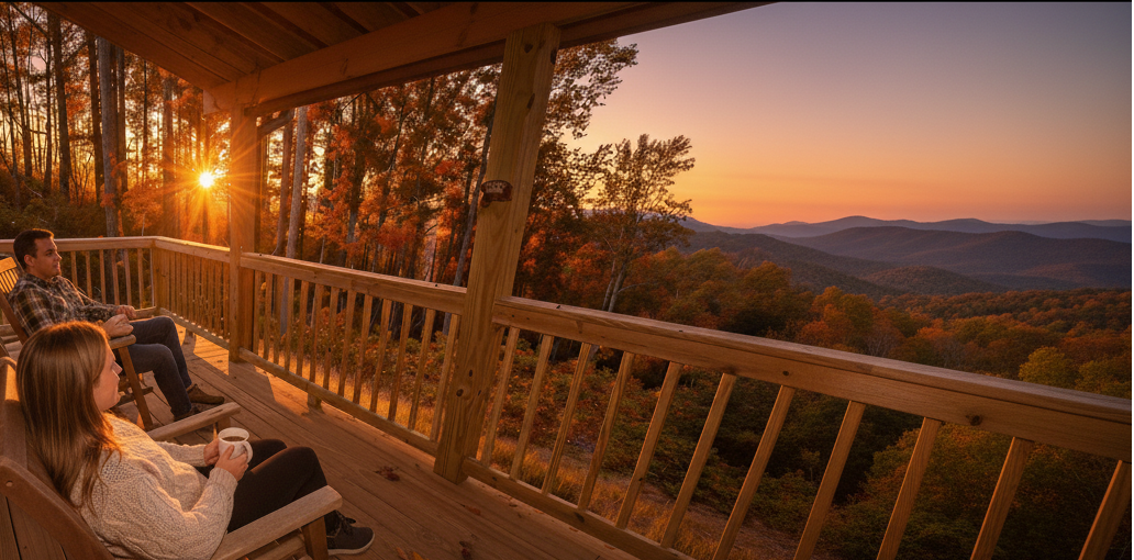 Mountain views from Lover’s Loft honeymoon cabin porch in Gatlinburg surrounded by Smoky Mountain forest.