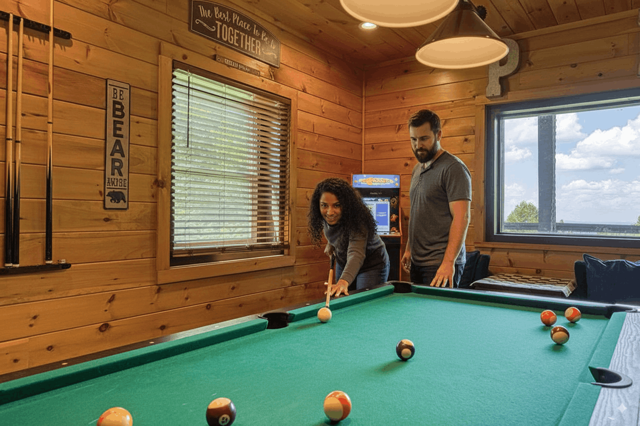Game room at Anxy Bear Cabin featuring pool table, Pac-Man arcade, and large TV.