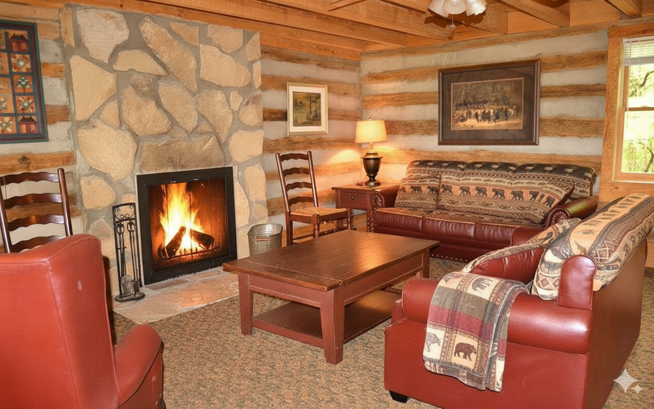 Cozy living room with a stone fireplace, wooden beams, leather sofas with patterned throws, a wooden coffee table, a side table with a lamp, art on the walls, and a window showing greenery outside.
