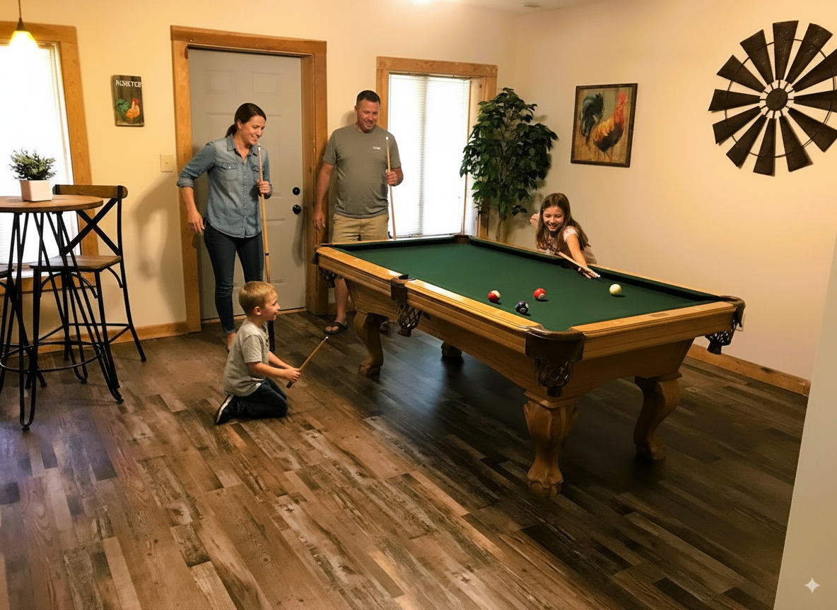 Family playing pool in a cozy game room with wooden floors, a mural of a rooster, a large windmill wall decoration, and a potted plant.