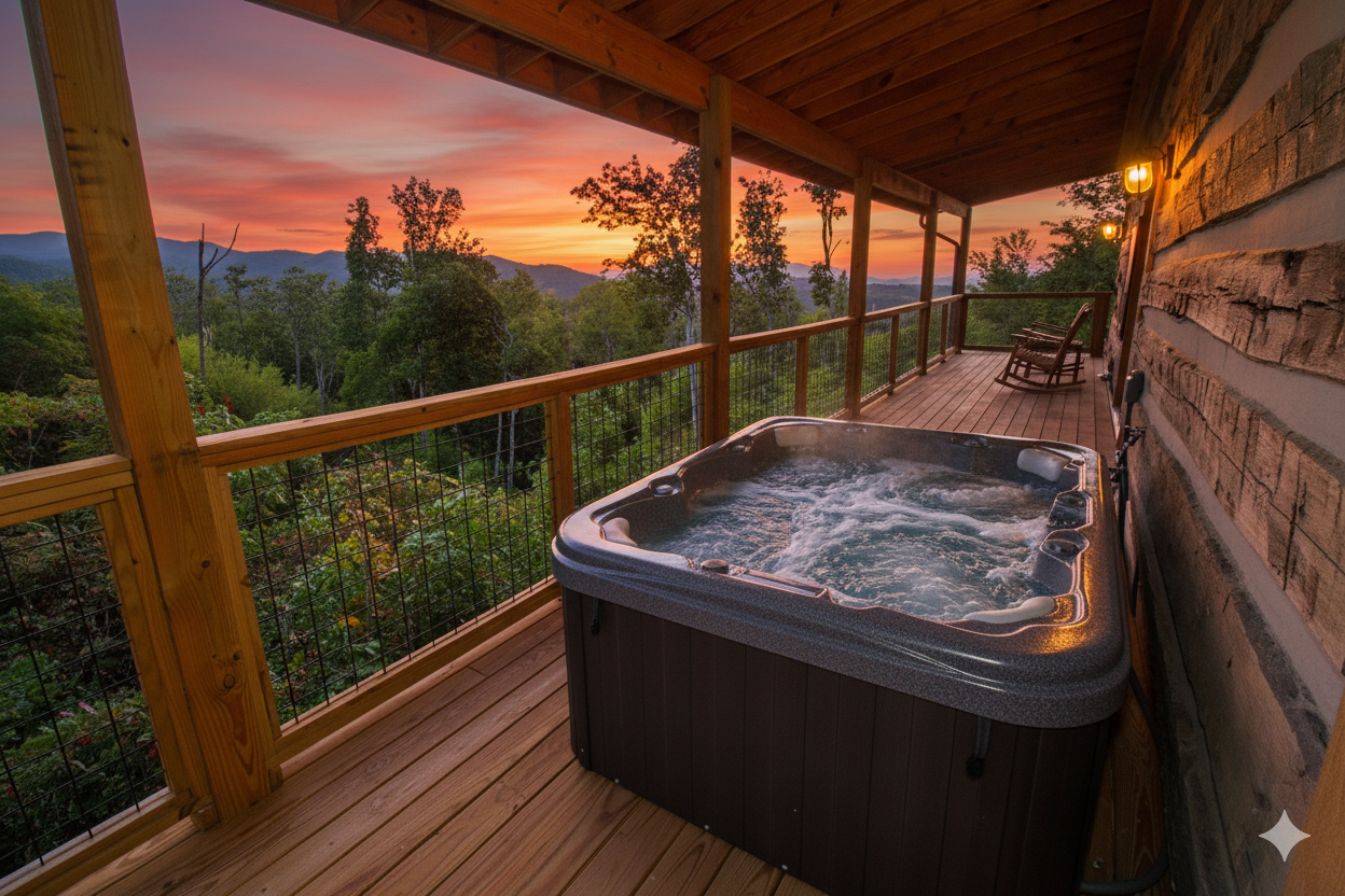 Private hot tub at Lover’s Escape romantic cabin in Gatlinburg with sunset views over the Smoky Mountains.