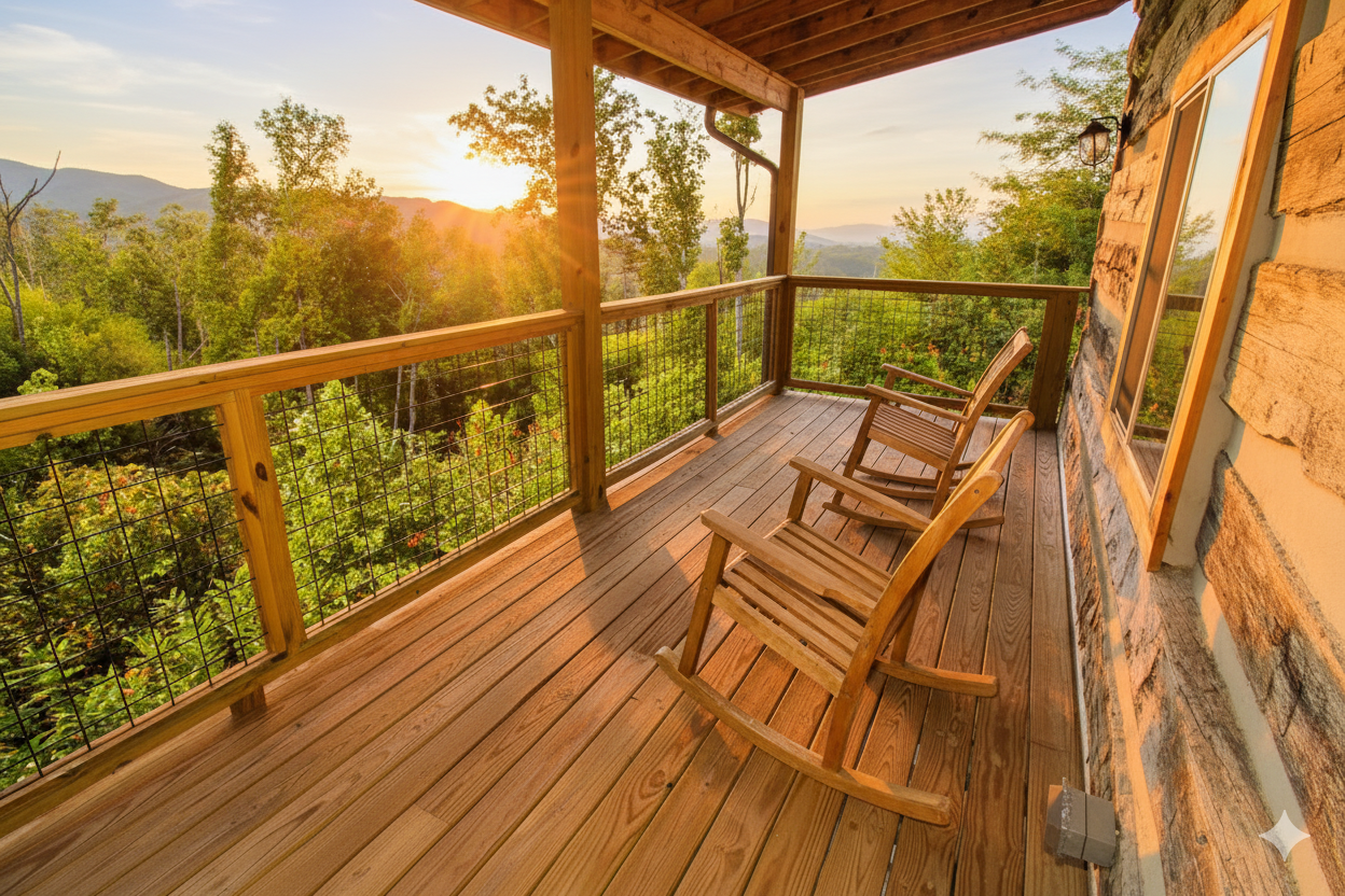 Covered d eckat Lover’s Escape cabin with rocking chairs overlooking scenic Smoky Mountain views in Gatlinburg.