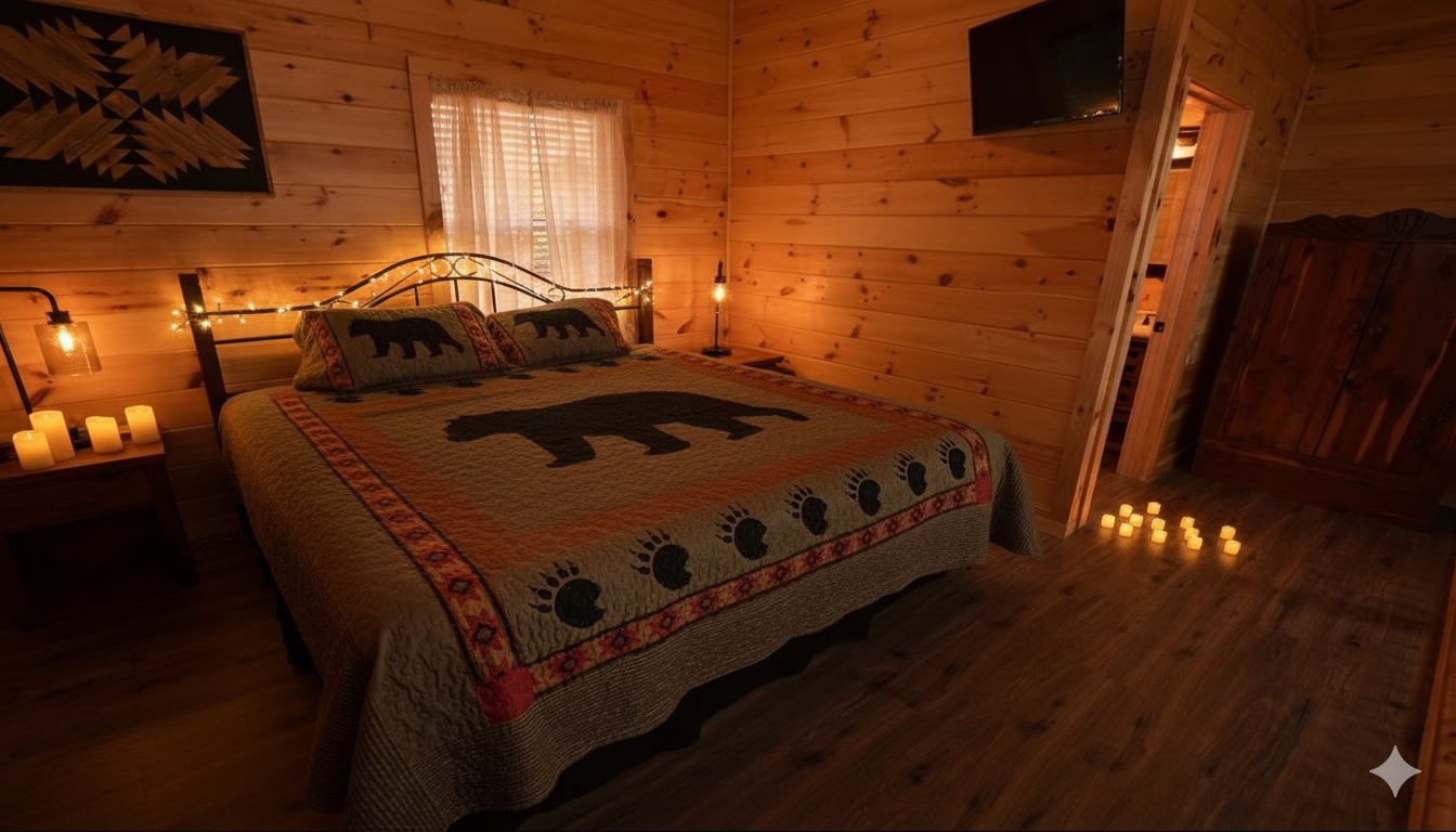 Loft bedroom at Lover’s Loft cabin in Gatlinburg featuring a king bed, rustic log walls, and scenic Smoky Mountain views.