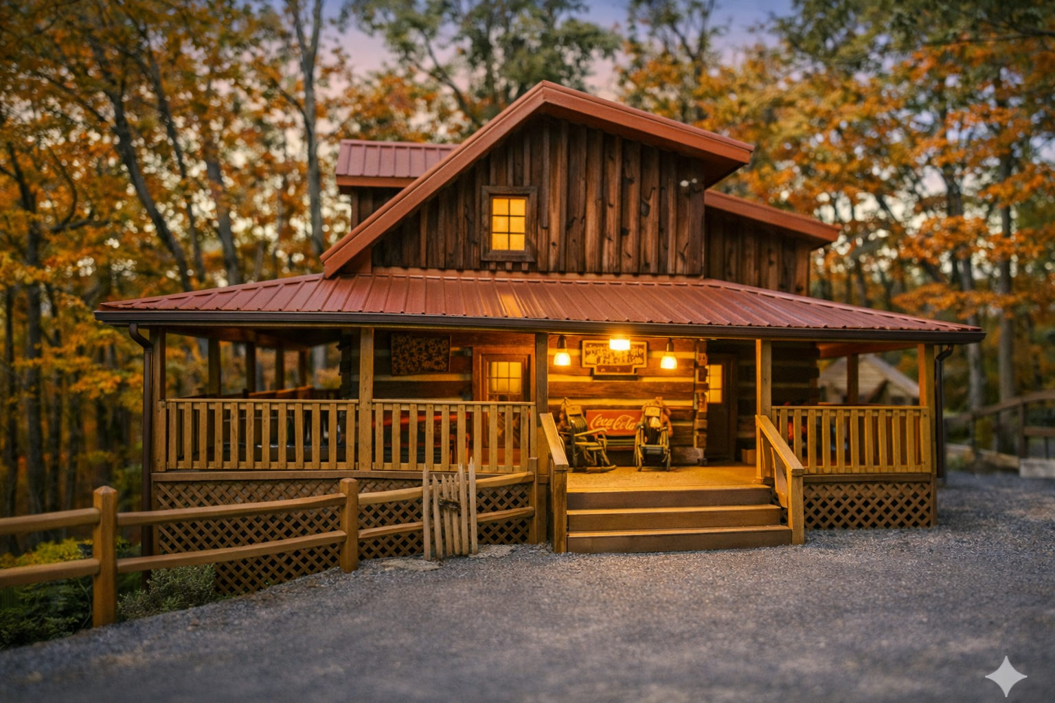 A rustic wooden house with a small porch illuminated by warm lights, decorated with holiday ornaments and flowers, and an American flag hanging on the porch.