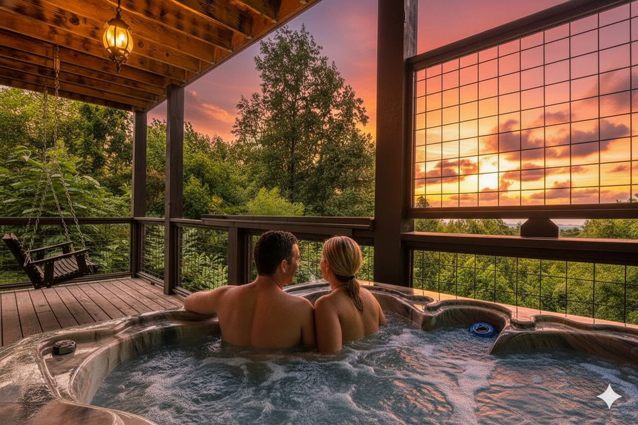 Private hot tub at Anxy Bear Cabin on lower deck overlooking Smoky Mountain scenery.