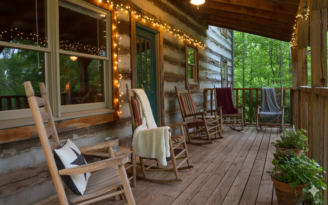 A cozy porch with wooden rocking chairs, some with blankets and pillows, along with potted plants, and string lights hanging from the ceiling.