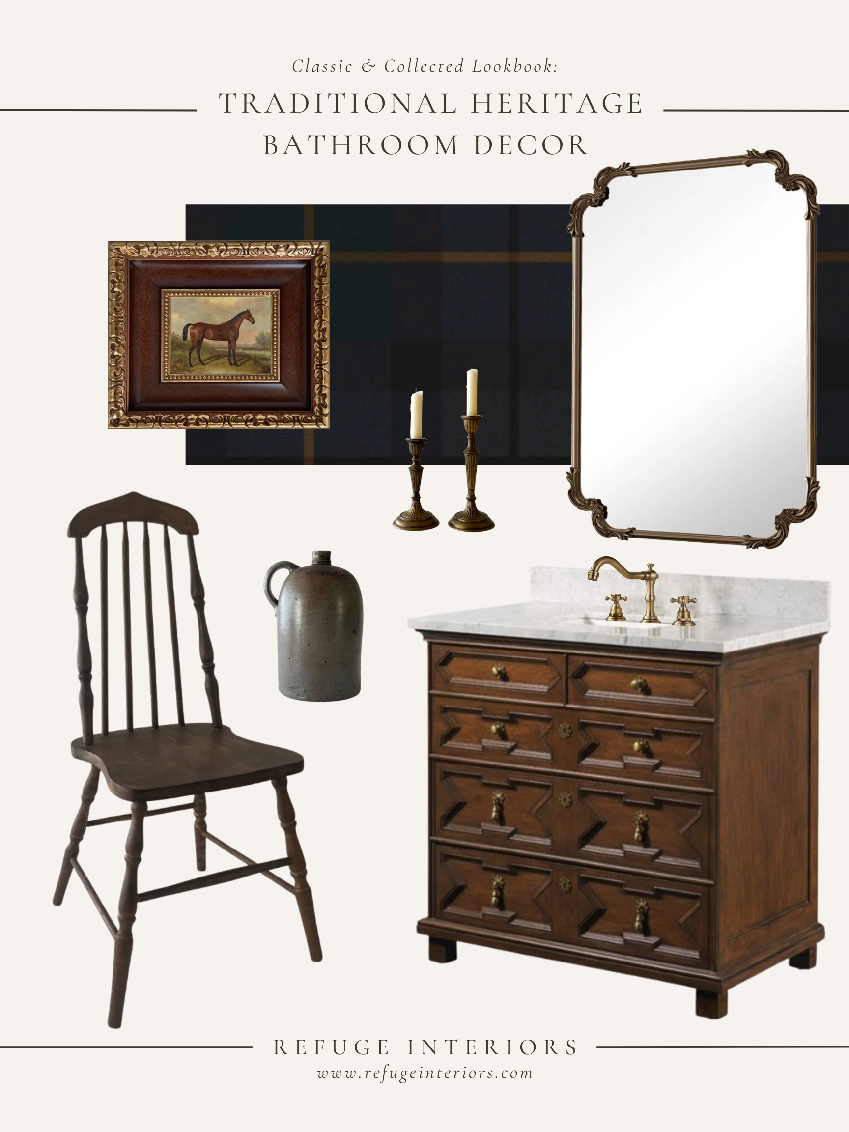 Heritage-Inspired Bathroom Decor: Traditional Dark Wood Vanity, Aged Brass Fixtures, and Collected Antiques