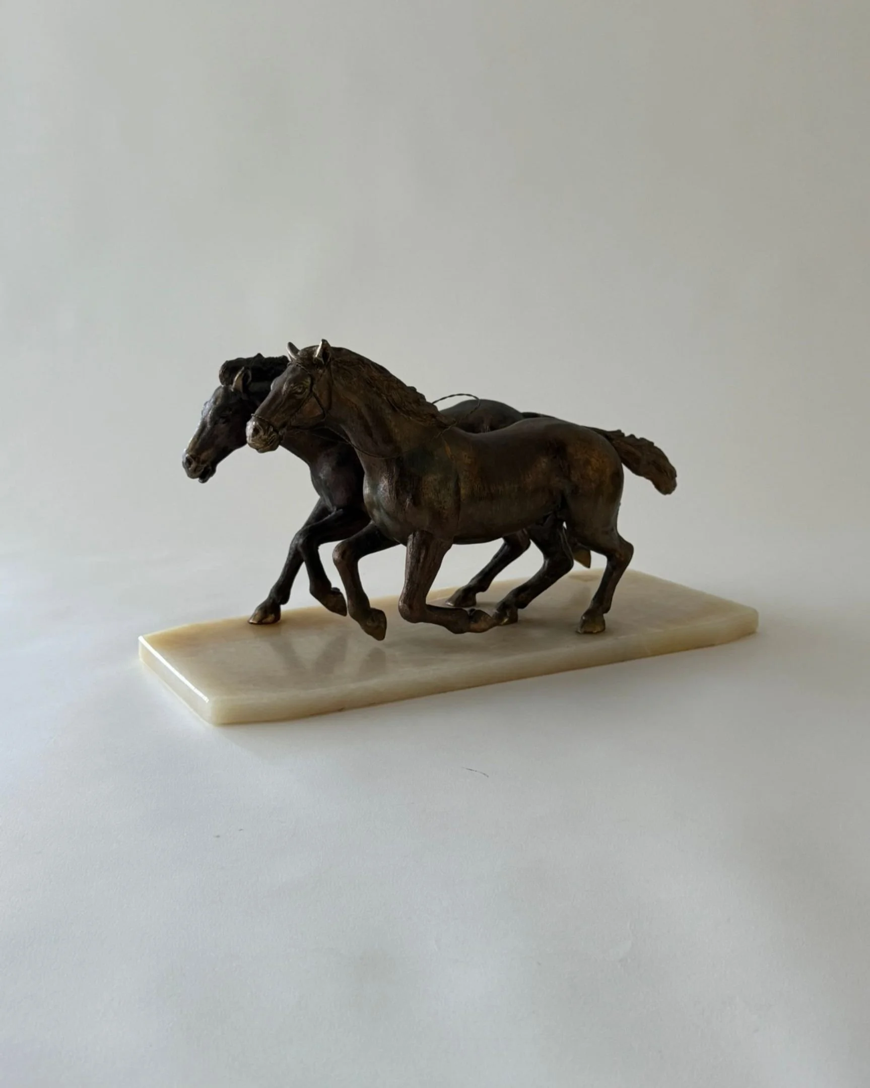 Large Antique Galloping Stallions Sculpture on Alabaster Base
