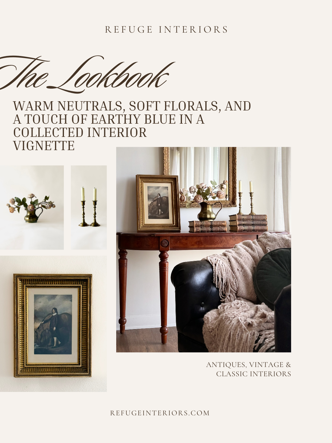 Warm Neutrals, Soft Florals, and a Touch of Earthy Blue in a Collected Interior Vignette