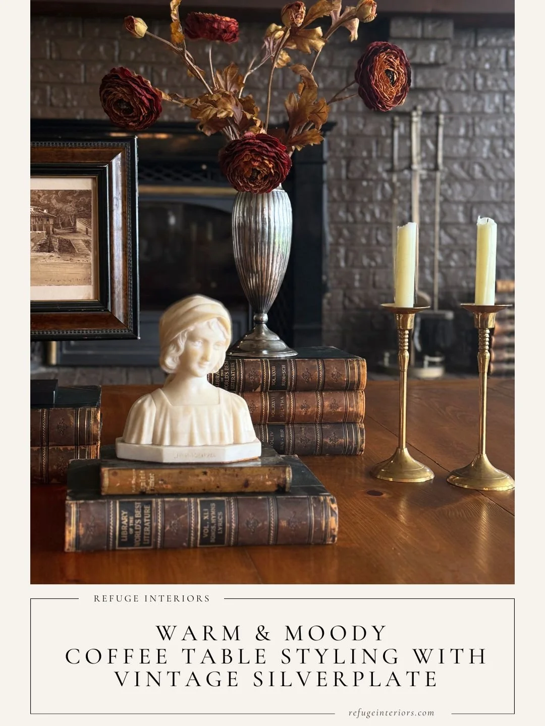 A Warm And Moody Coffee Table Vignette Designed for a Vintage Silverplate Vase