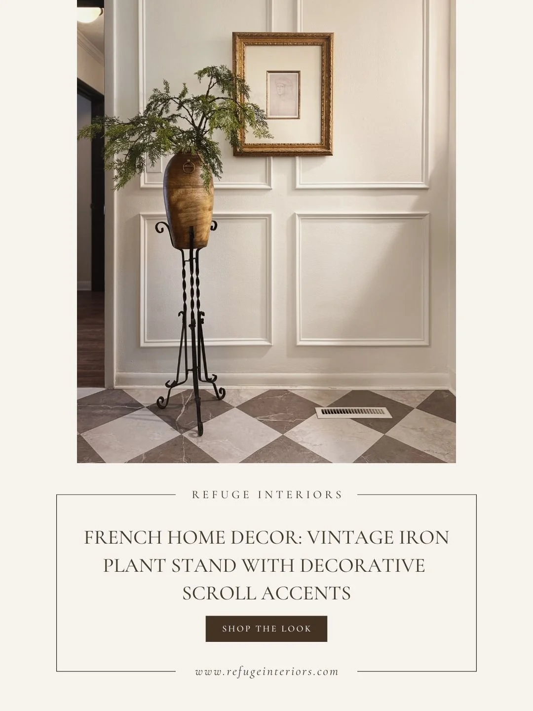 French Home Decor: Styling a Vintage Iron Plant Stand With decorative scroll accents