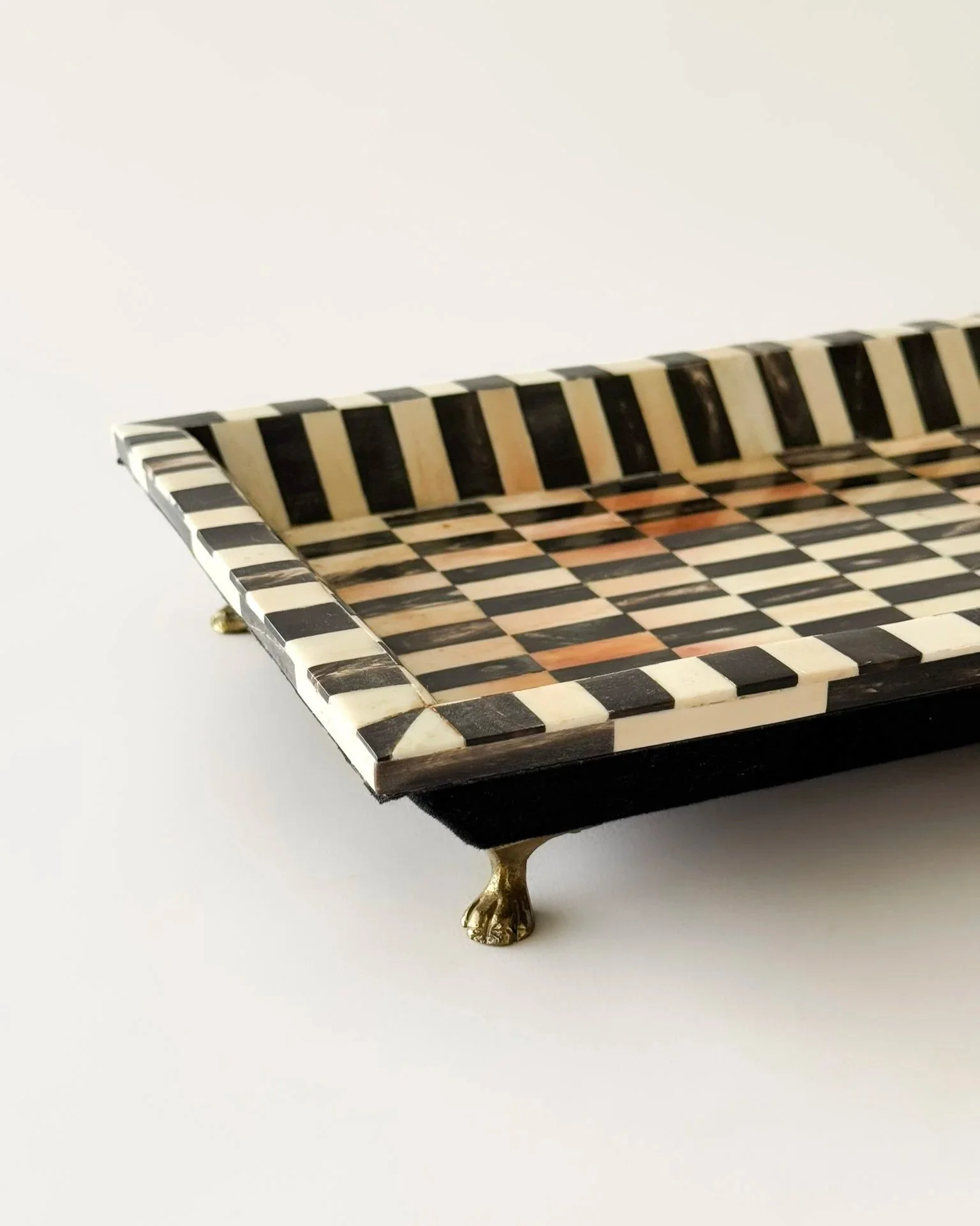 Large Tessellated Bone Inlay Checkerboard Tray With Brass Claw Foot Detail