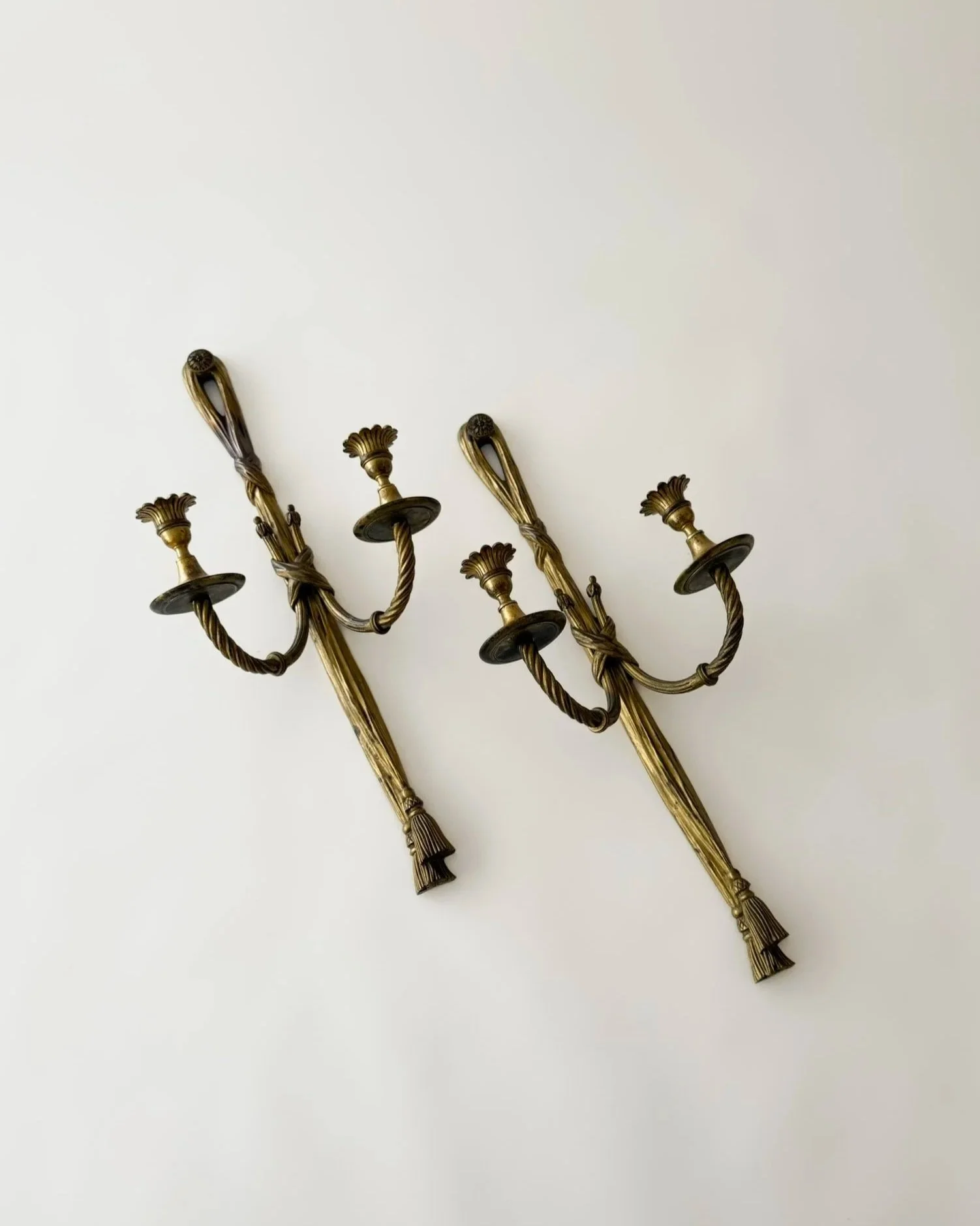 Set of XL French Louis XVI Style Cast Brass Tassel Wall Sconces