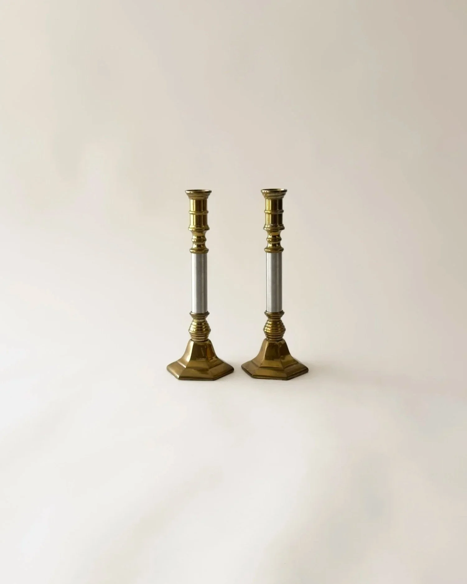 Set of Large Brass and Chrome Candleholders