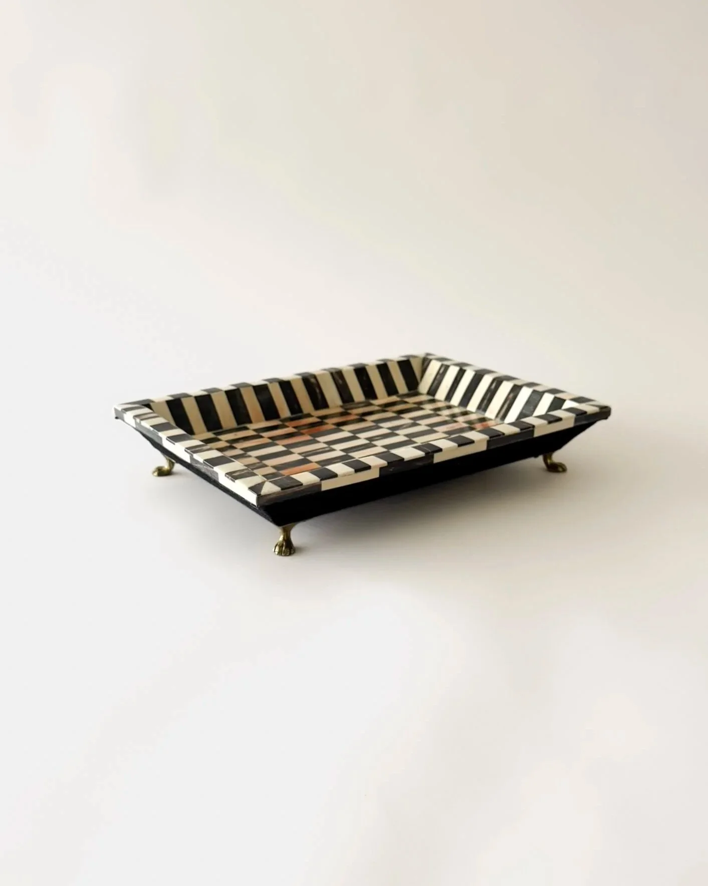 Large Tessellated Bone Inlay Checkerboard Tray With Brass Claw Foot Detail