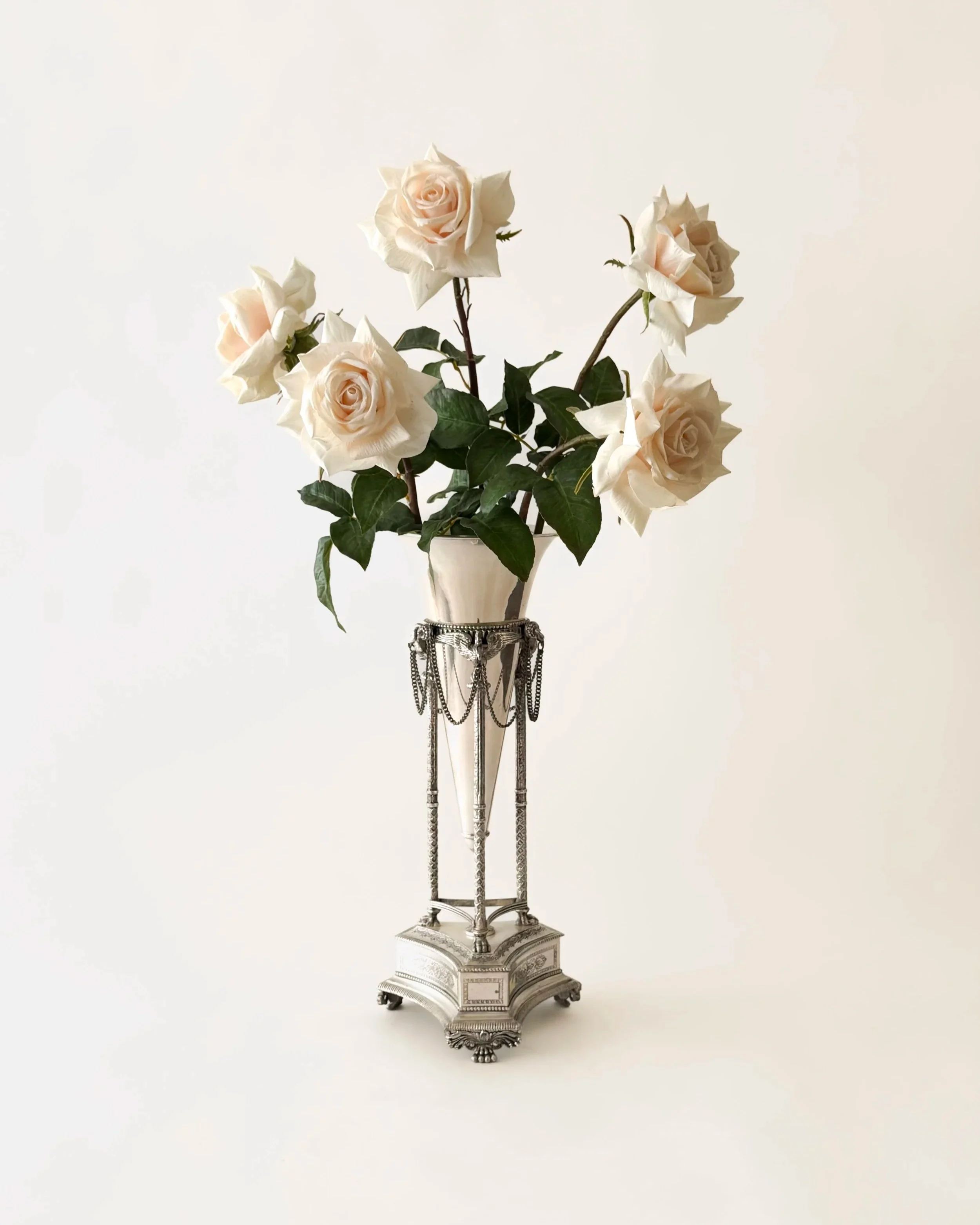 Neoclassical Style Silverplated Trumpet Vase on Claw Foot Stand with Swan Detail