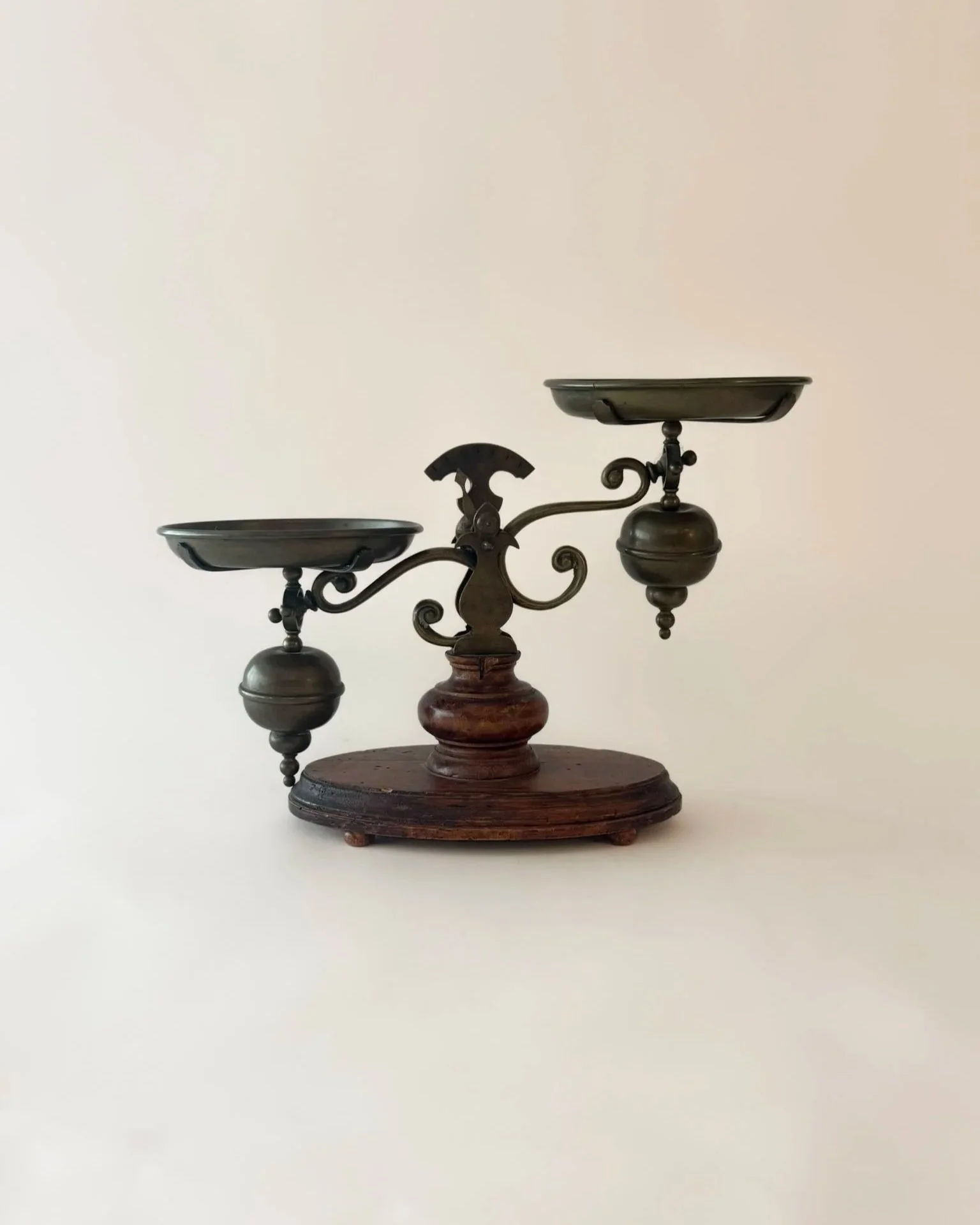 Large Brass Balance Scale On Wood Base