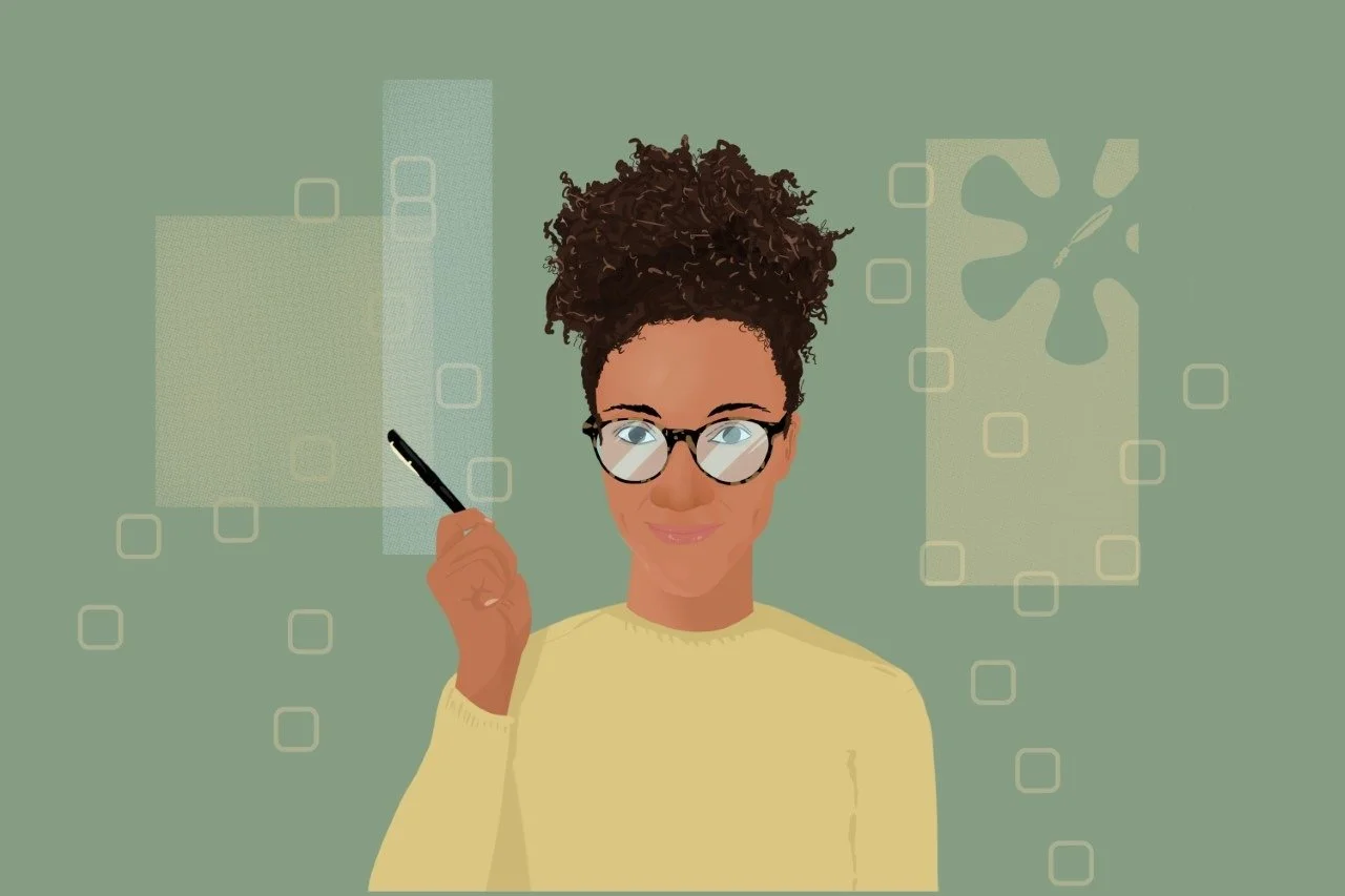 Illustratie van Kelia Kaniki Masengo, een bruine vrouw, dertiger, met afrohaar in een puff. Ze draagt een bril, een lichtgele trui en houdt een zwarte pen in haar rechterhand.