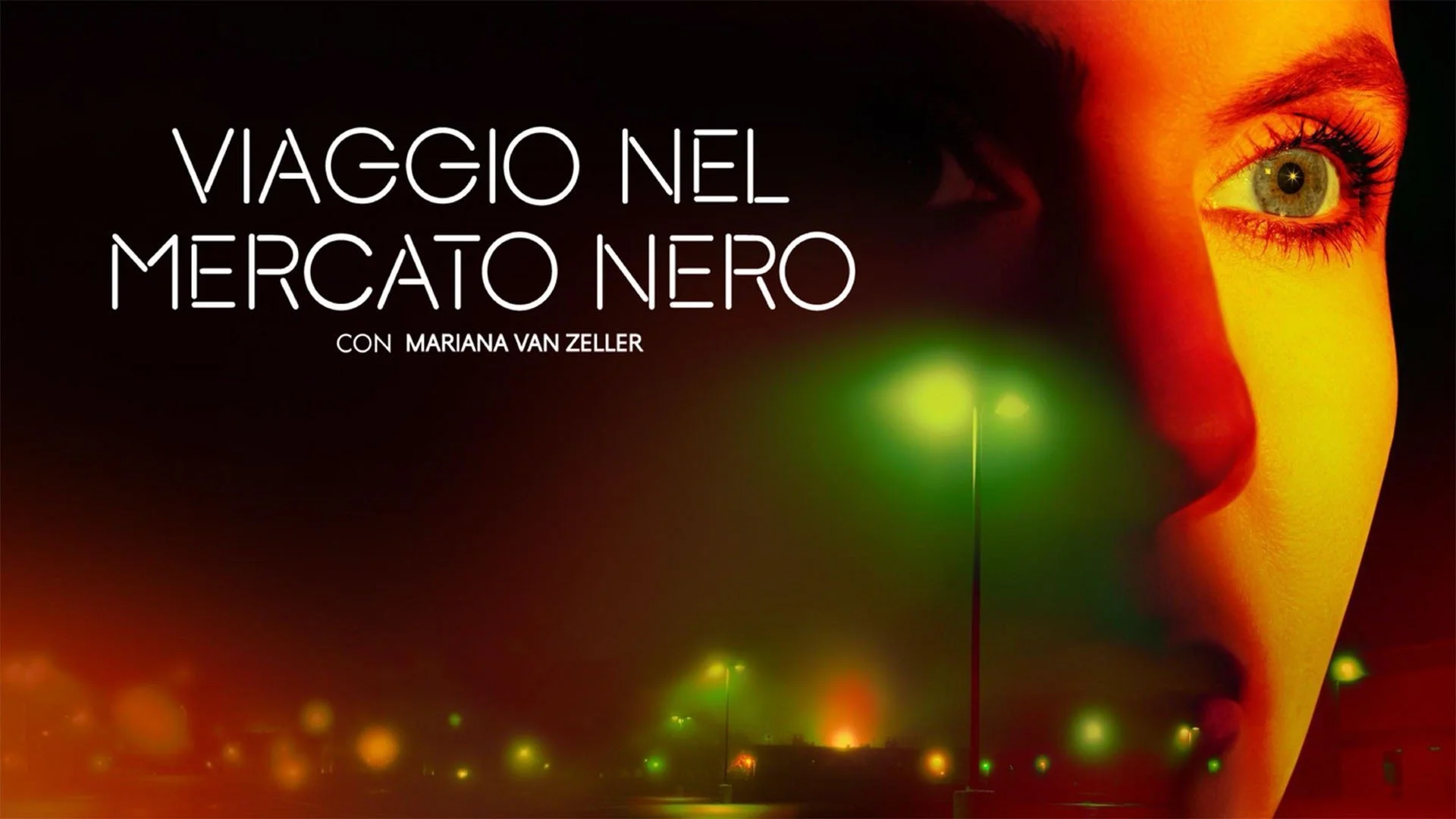 Locandina del film "Viaggio nel mercato nero" con immagine di una donna e luci colorate in un ambiente notturno.