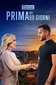 Una scena di due persone che si tengono per le mani di fronte a uno sfondo urbano al tramonto, con il testo 'PRIMA dei 90 GIORNI' e un simbolo per '90 giorni per innamorarsi'.