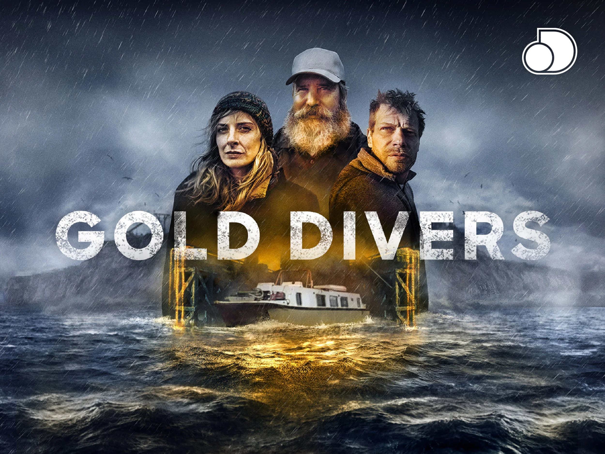 Locandina del film 'Gold Diggers' con tre persone in primo piano, sotto una tempesta e una nave sull'acqua
