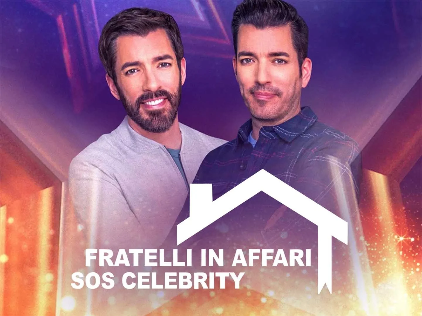 Due uomini sorridenti in primo piano con sfondo colorato e luci, con il testo 'Fratelli in affari SOS Celebrity' e un'icona di una casa stilizzata sopra il testo.