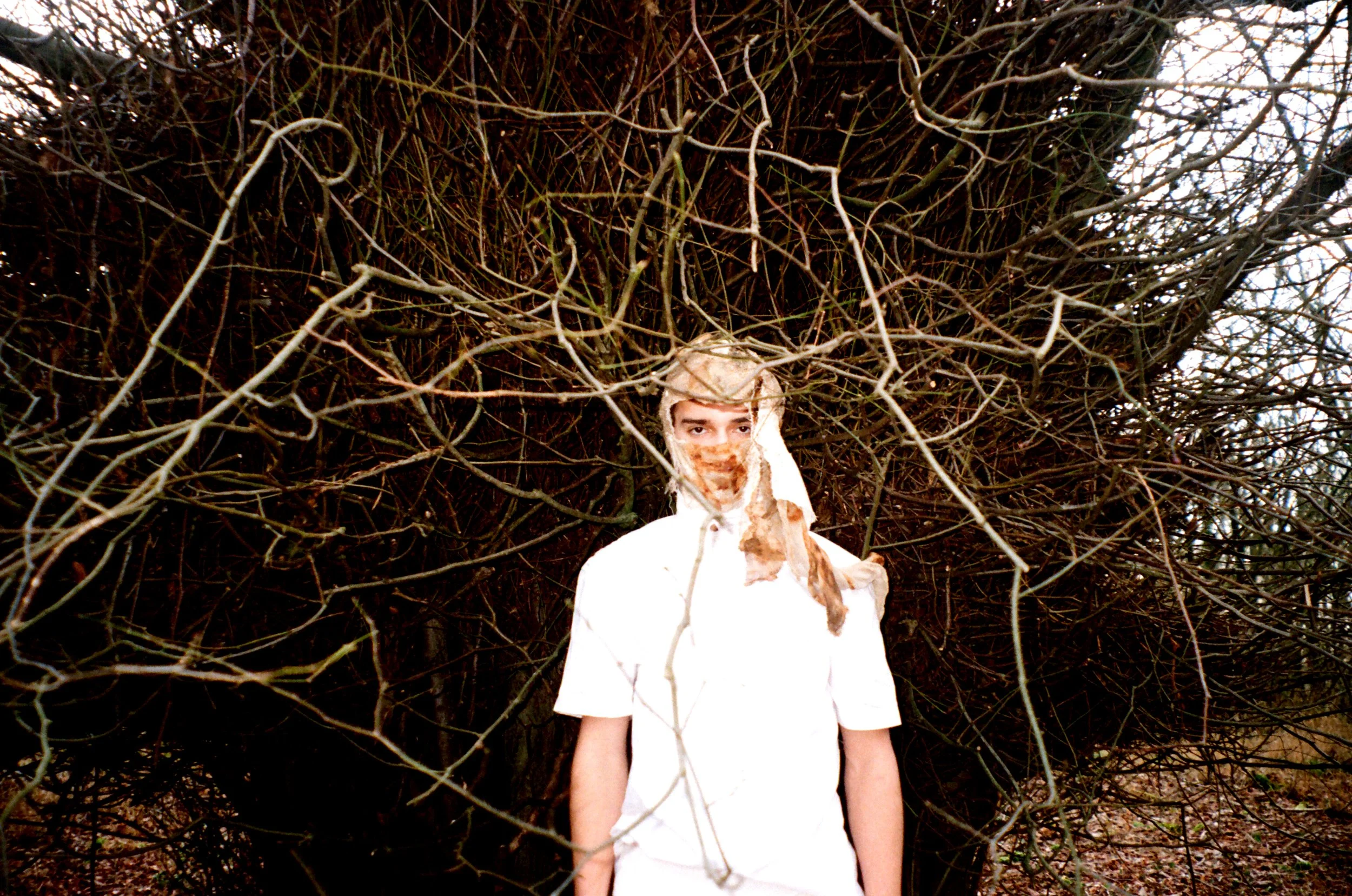 Person with a cut-out face standing in front of a large tangle of leafless branches.