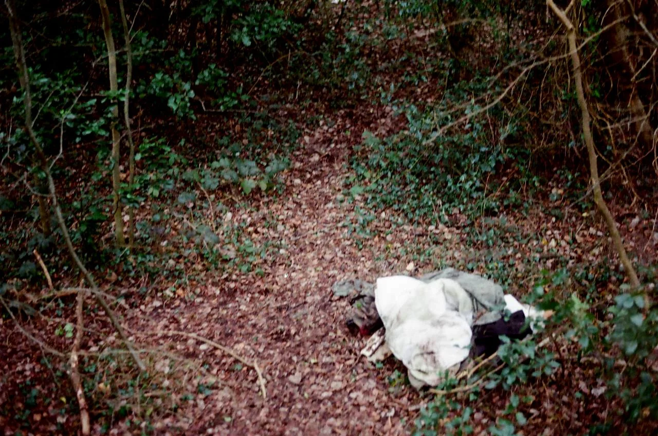 A wooded trail with fallen leaves and a pile of discarded clothes or fabric in the foreground.